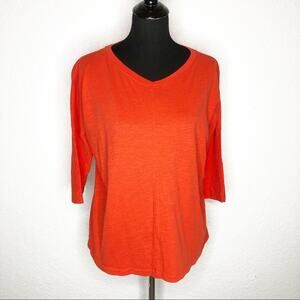 Eileen Fisher red orange v neck burnout knit top size Extra Small XS